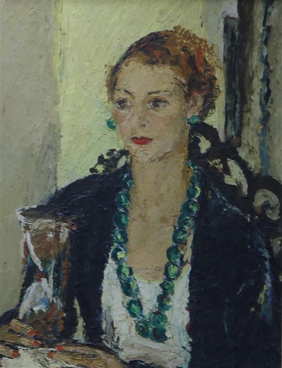 Elizabeth Watson RSPP (20th century), oil on canvas, portrait of Marjory Hawtrey (nee Clark, 65 x 50.5cm